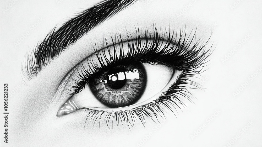 Fototapeta premium A black-and-white photo of a woman's eye with long lashes and a pencil drawing of her eye