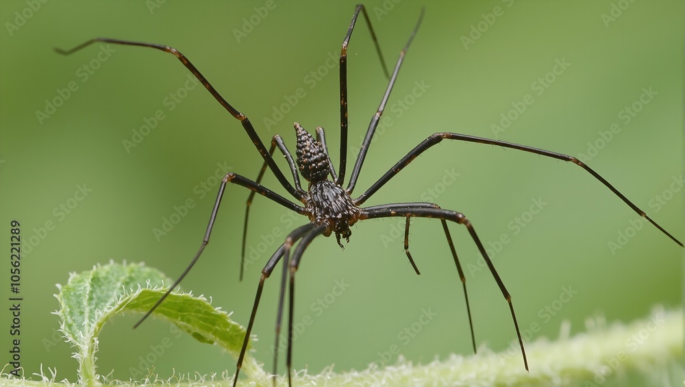 Macro image of daddy longlegs on green leaf intricate details of body and legs visible Macro image of daddy longlegs on green leaf intricate details of body and legs visible