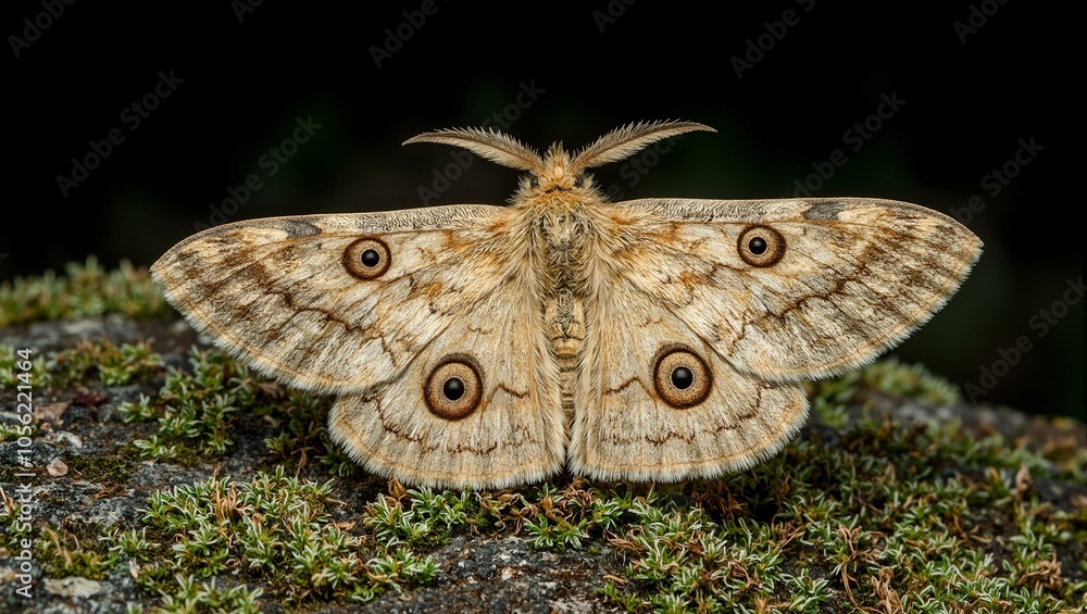 Fototapeta premium Close up of moth on mossy rock wings displaying intricate patterns and eye like markings