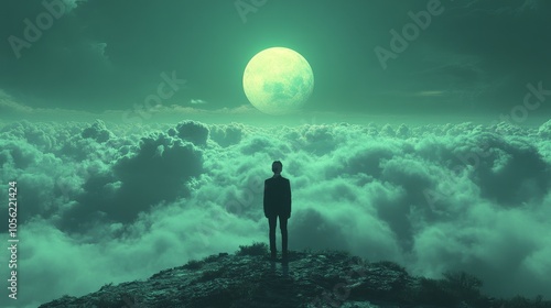 A man stands on a hill looking up at a large green moon