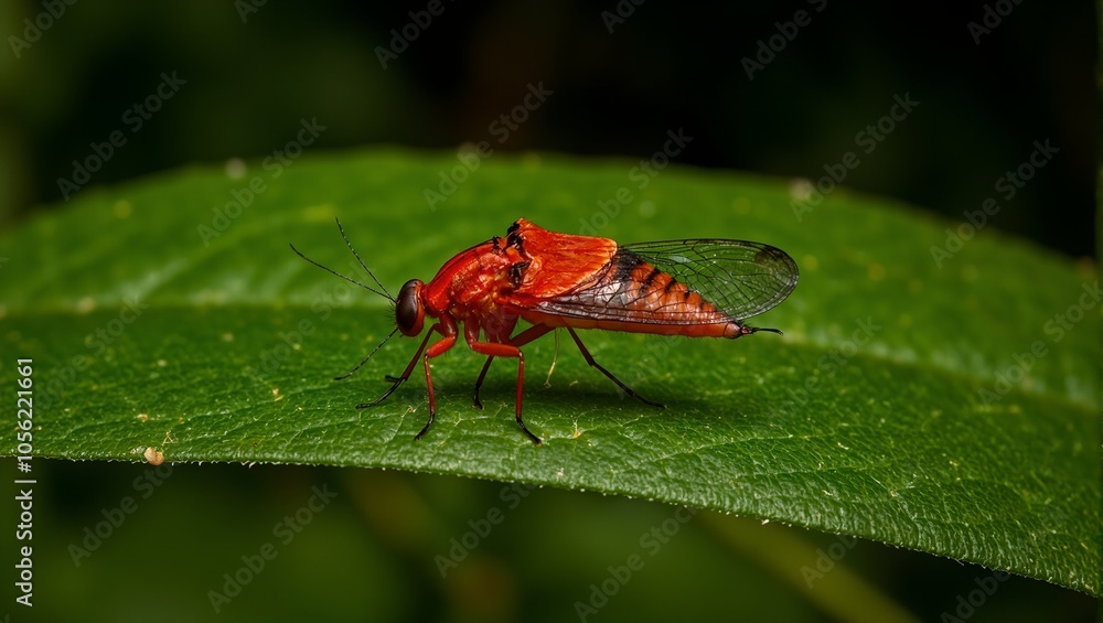 Naklejka premium Vibrant red firefly on leaf glowing abdomen glossy body delicate wings folded veins on leaf