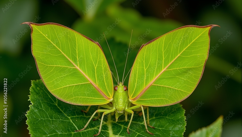 Vibrant katydid with intricate leaf like wings in natural habitat