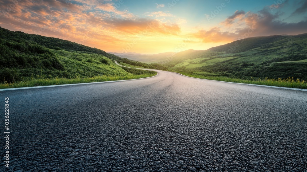 Fototapeta premium Asphalt Road Leading Through Green Mountains at Sunset