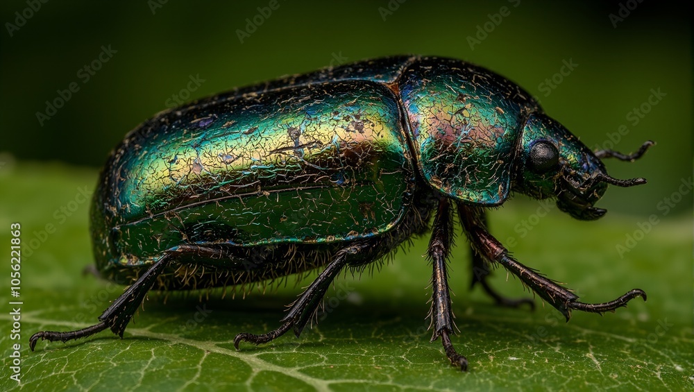 Fototapeta premium Vibrant scarab beetle with iridescent green purple and gold shell on a leaf