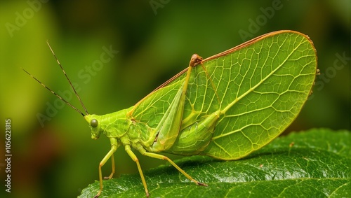 Vibrant katydid with intricate leaf like wings in natural habitat