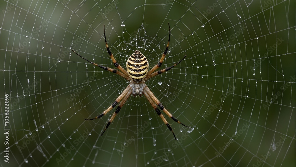 Golden orb weaver spider on dew covered web with sparkling strands Golden orb weaver spider on dew covered web with sparkling strands