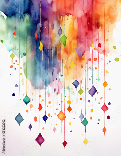 Abstract watercolor artwork. Vibrant colorful splashes and confetti flowing in dripping lines. Playful composition perfect for children's content, storybooks, educational material.