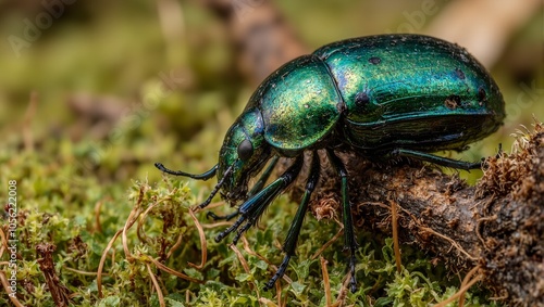 Iridescent jewel toned beetle on bark with mossy background photo