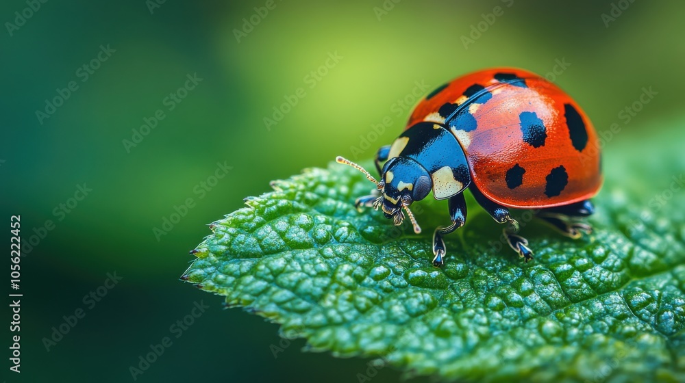 Vibrant ladybug with red shell and black spots on green leaf, macro nature photography, small insect, natural background, tiny creature, beautiful detail, close-up wildlife Vibrant ladybug with red shell and black spots on green leaf, macro nature photography, small insect, natural background, tiny creature, beautiful detail, close-up wildlife