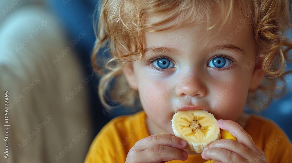 Close-up of child with blue eyes eating banana, adorable portrait, toddler snack time, curly hair, childhood innocence, healthy eating, cute and natural scene Close-up of child with blue eyes eating banana, adorable portrait, toddler snack time, curly hair, childhood innocence, healthy eating, cute and natural scene