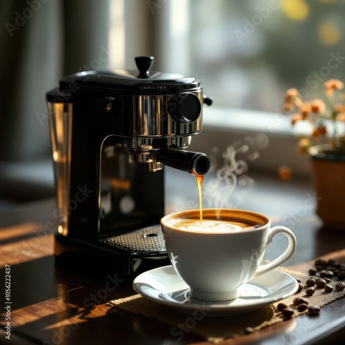 Industrial espresso machine pouring fresh coffee