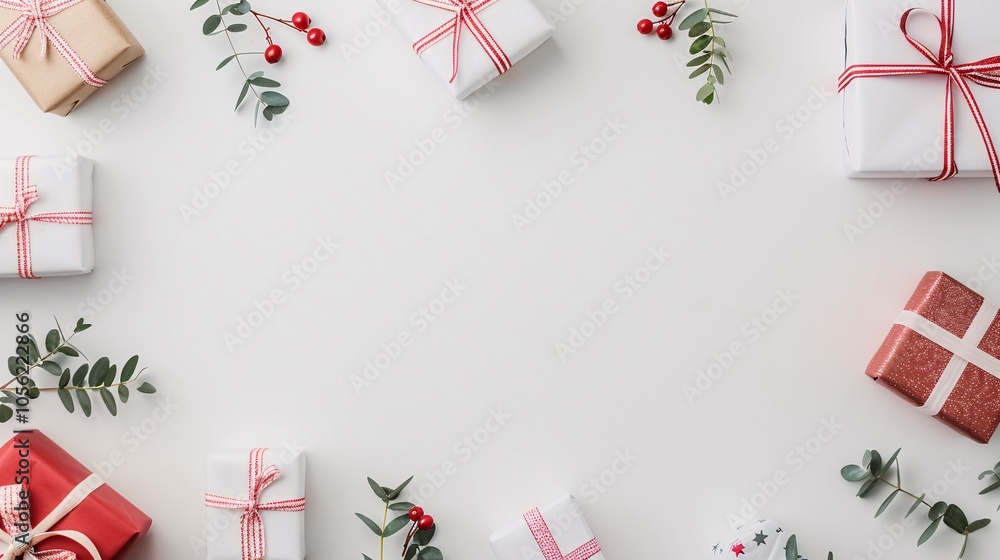 Christmas gift boxes with red and white ribbons, minimalist holiday layout, copy space in center, festive decor, elegant wrapping, winter celebration theme, top view Christmas gift boxes with red and white ribbons, minimalist holiday layout, copy space in center, festive decor, elegant wrapping, winter celebration theme, top view