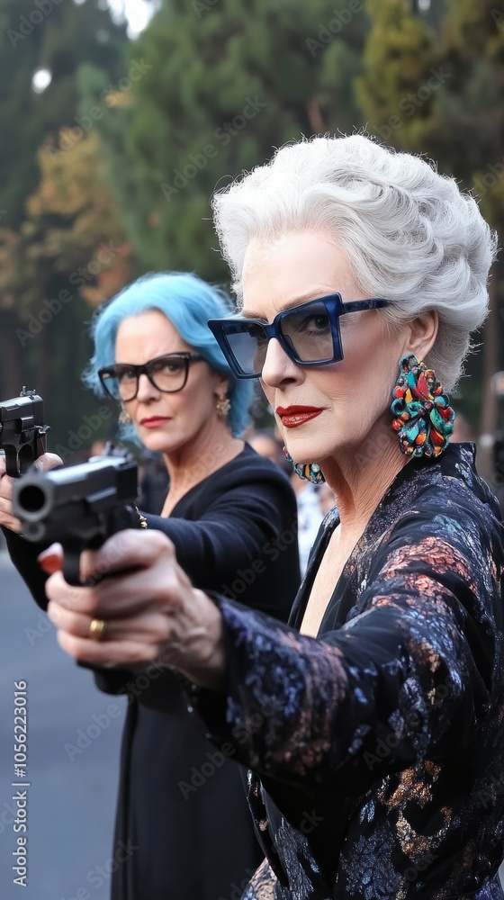 Fototapeta premium Do not make your grandmother angry. Grandma can respond. Comic portrait of old-aged grandma in whiye sportive outfit and dark sunglasses holding sniper rifle