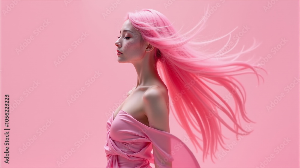 Naklejka premium The woman stands elegantly in profile against a pastel pink background, her long pink hair cascading around her, creating a captivating and ethereal look that highlights her pose and attire