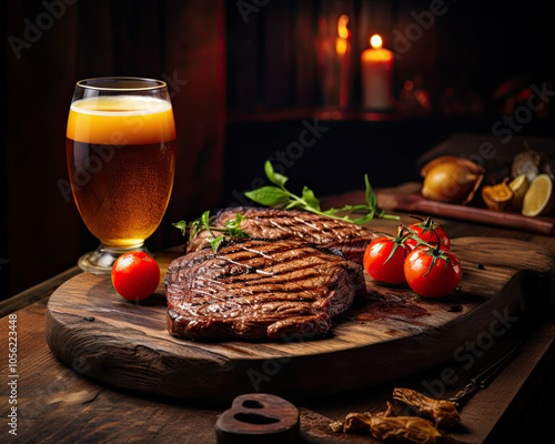 Grilled rump steak on a wooden board photo