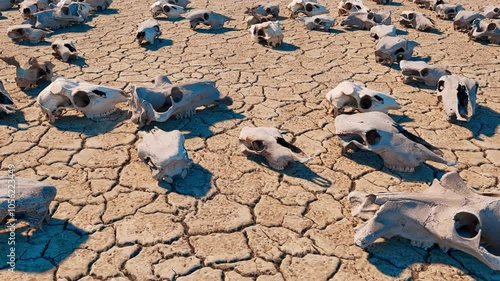 A camera passing over a desert wasteland, with animal skulls scattered across the cracked earth in a sun-scorched, apocalyptic landscape.
