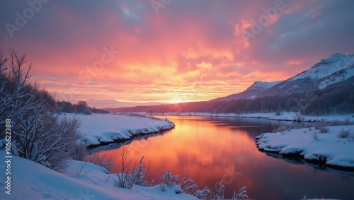 Sunset over a snowy river landscape, vivid colors reflecting on water, serene and tranquil nature scene. Generative, AI,