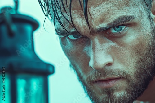 Dark-eyed pirate holds a lantern on a misty deserted island under the moonlight, captured in a striking close-up photo