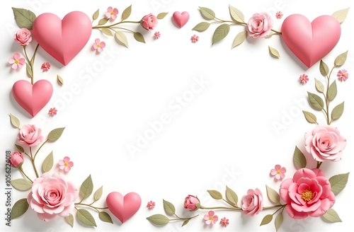 Floral frame with red hearts on white background. Valentines day. Copy space.