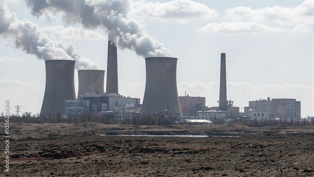 Bleak industrial power plant emitting heavy smoke Bleak industrial power plant emitting heavy smoke