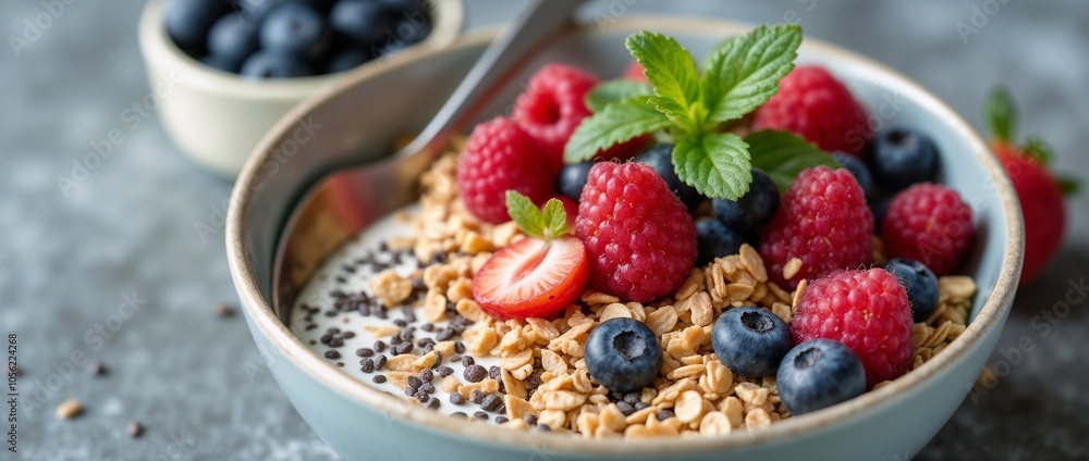 Close-up of a bowl of granola topped with fresh raspberries, blueberries, and mint leaves. Close-up of a bowl of granola topped with fresh raspberries, blueberries, and mint leaves.