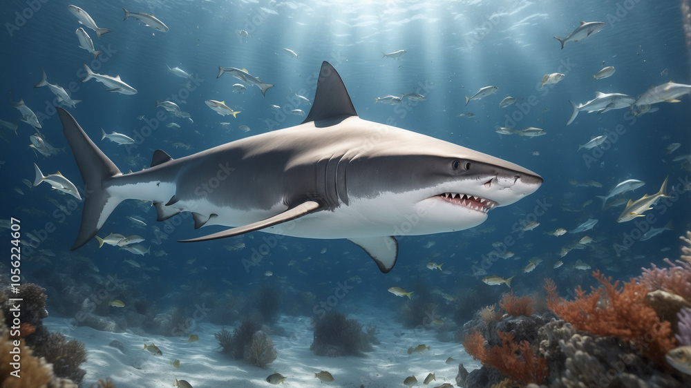 Obraz premium A stunning, dynamic image of a shark swimming powerfully through an underwater reef, surrounded by schools of fish