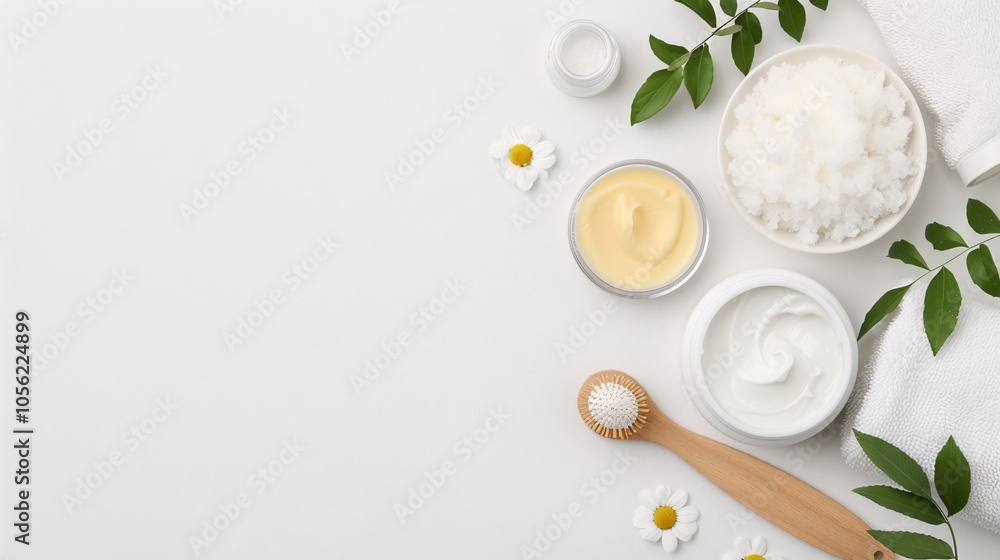 Natural spa products with green leaves and chamomile on white background, wellness and skincare essentials, beauty and relaxation theme, minimalistic flat lay with copy space for text
Natural spa products with green leaves and chamomile on white background, wellness and skincare essentials, beauty and relaxation theme, minimalistic flat lay with copy space for text