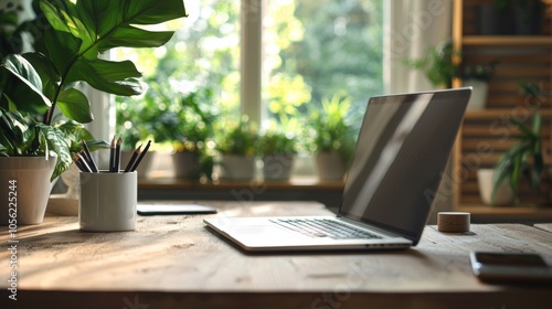 Modern workspace with laptop and plants in bright daylight