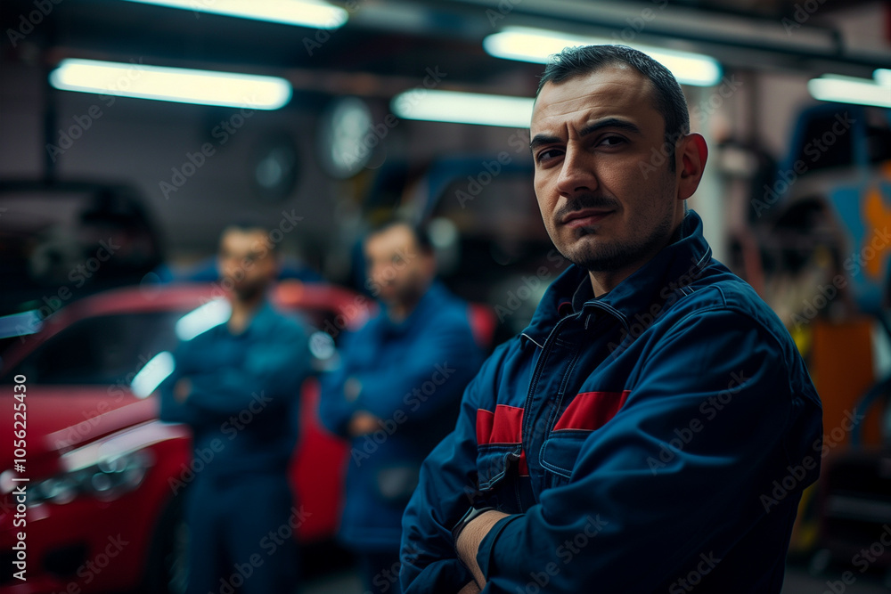 Photograph of a Bulgaria team of mechanics in an auto repair shop with a professional working environment. Photograph of a Bulgaria team of mechanics in an auto repair shop with a professional working environment.