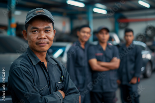 Photograph of a Cambodia team of mechanics in an auto repair shop with a professional working environment.