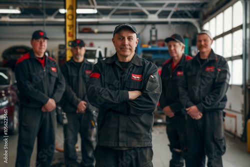 Photograph of a Canada team of mechanics in an auto repair shop with a professional working environment.