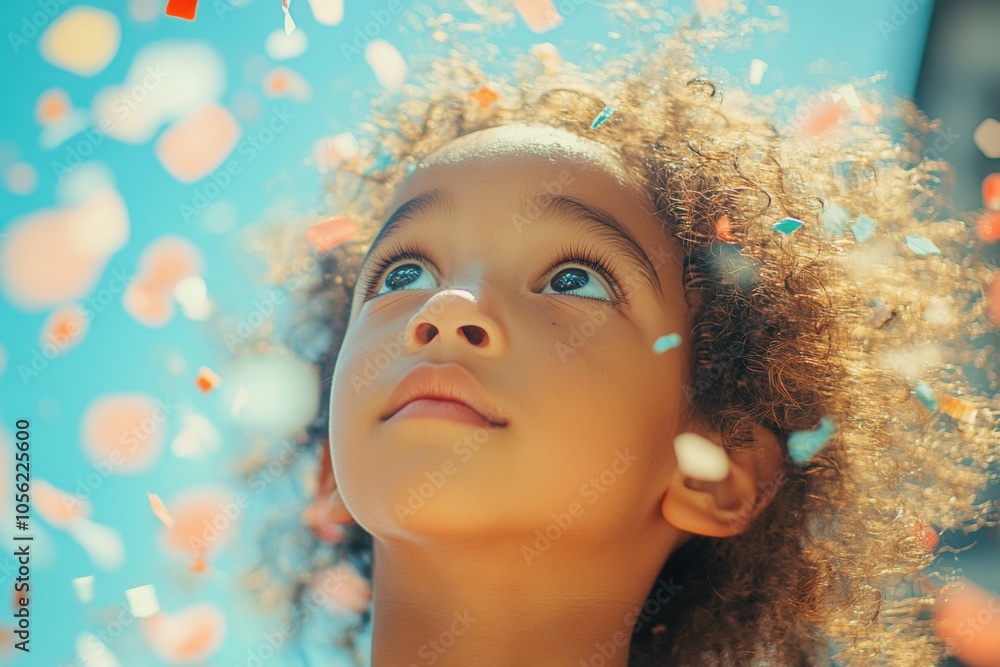 Young girl with curly hair and blue eyes, confetti flutters Young girl with curly hair and blue eyes, confetti flutters