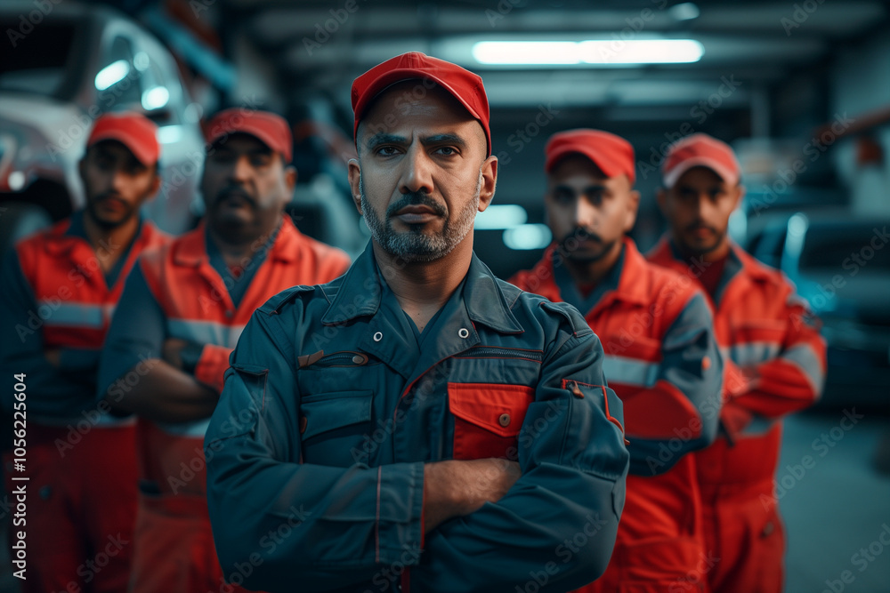 Photograph of a Morocco team of mechanics in an auto repair shop with a professional working environment. Photograph of a Morocco team of mechanics in an auto repair shop with a professional working environment.