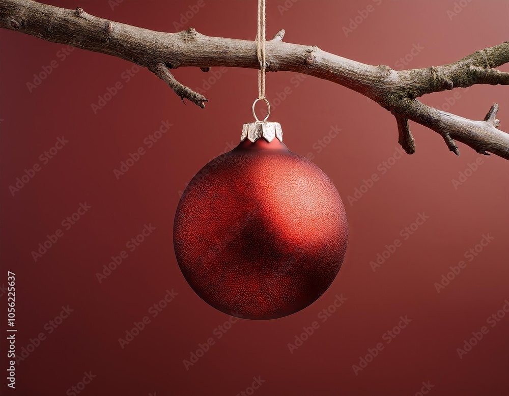 Single red Christmas ornament hanging from a bare branch on a clean background Single red Christmas ornament hanging from a bare branch on a clean background