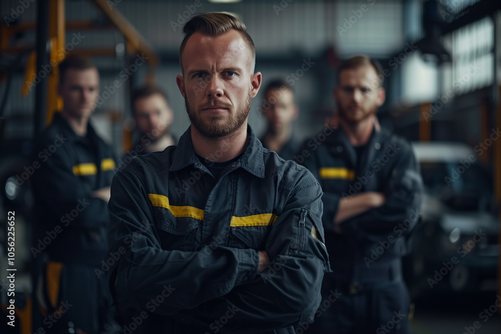 Photograph of a Norway team of mechanics in an auto repair shop with a professional working environment. Photograph of a Norway team of mechanics in an auto repair shop with a professional working environment.