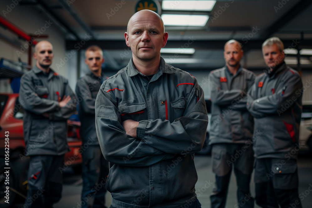 Photograph of a Belgium team of mechanics in an auto repair shop with a professional working environment. Photograph of a Belgium team of mechanics in an auto repair shop with a professional working environment.