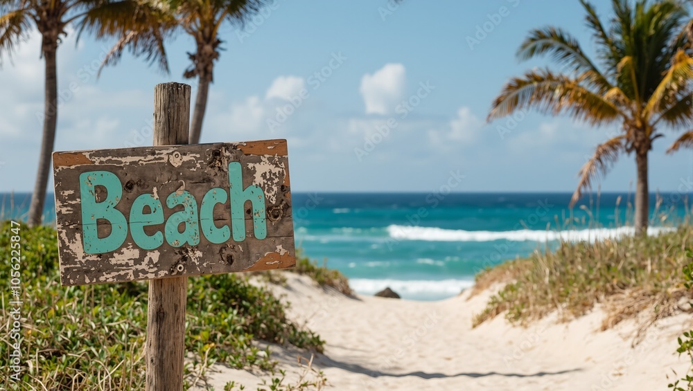 Wooden Beach sign on sandy path with palm trees evoking tropical relaxation Wooden Beach sign on sandy path with palm trees evoking tropical relaxation