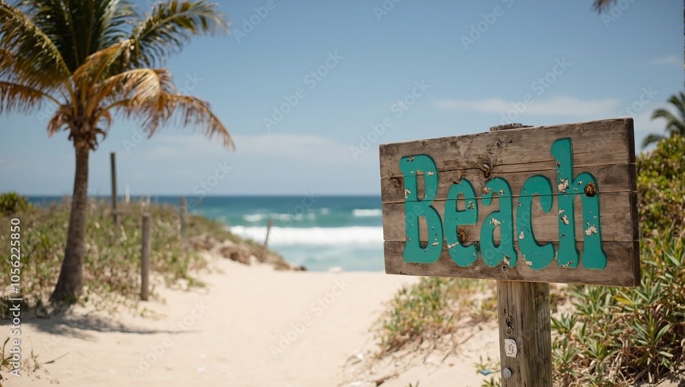 Wooden Beach sign on sandy path with palm trees evoking tropical relaxation Wooden Beach sign on sandy path with palm trees evoking tropical relaxation