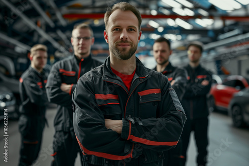 Photograph of a Austria team of mechanics in an auto repair shop with a professional working environment.