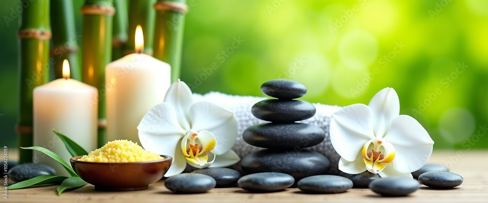 A calming spa arrangement featuring smooth stones, lit candles, white orchid flowers, and a rolled towel. Perfect for representing relaxation, tranquility, and holistic wellness in a natural environme A calming spa arrangement featuring smooth stones, lit candles, white orchid flowers, and a rolled towel. Perfect for representing relaxation, tranquility, and holistic wellness in a natural environme