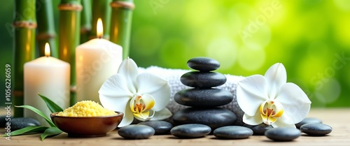 A calming spa arrangement featuring smooth stones, lit candles, white orchid flowers, and a rolled towel. Perfect for representing relaxation, tranquility, and holistic wellness in a natural environme