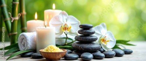 A calming spa arrangement featuring smooth stones, lit candles, white orchid flowers, and a rolled towel. Perfect for representing relaxation, tranquility, and holistic wellness in a natural environme