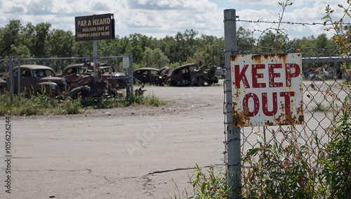 Rusty Keep Out sign on barbed wire fence junkyard with old cars machinery and weeds