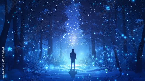 A lone figure stands in a mystical, snow-covered forest, illuminated by a faint blue glow.