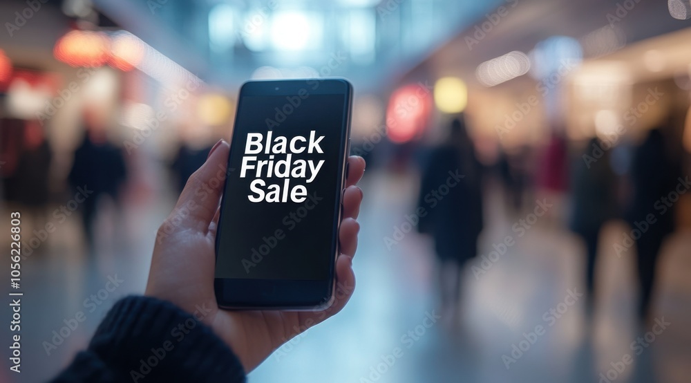 custom made wallpaper toronto digitalA person holding a smartphone with a "Black Friday Sale" sale tag on the screen, with a blurred background of a shopping mall Generative AI