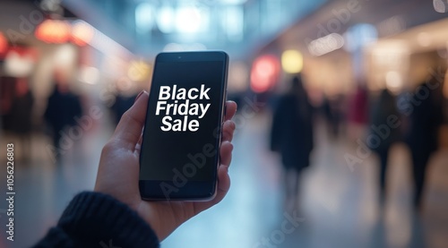 Wallpaper Mural A person holding a smartphone with a "Black Friday Sale" sale tag on the screen, with a blurred background of a shopping mall Generative AI Torontodigital.ca