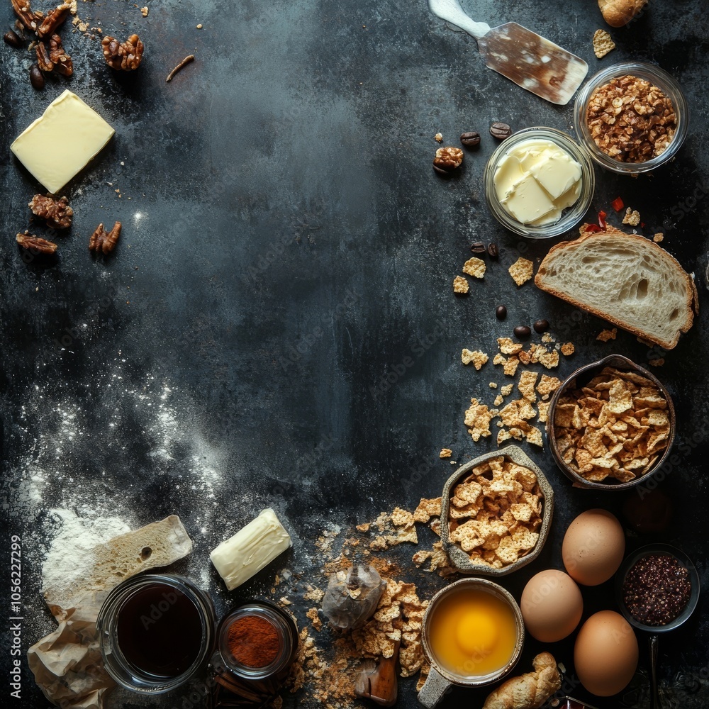Breakfast items on dark surface: cornflakes, coffee, bread, butter, eggs, jam, etc. Breakfast items on dark surface: cornflakes, coffee, bread, butter, eggs, jam, etc.