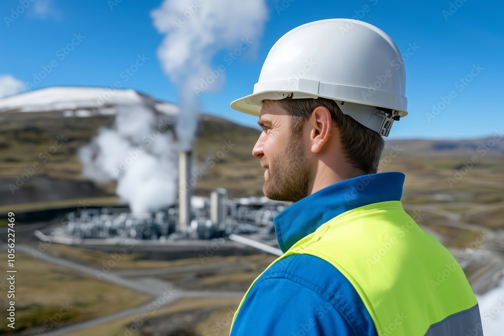 Natural energy engineer overlooking a geothermal plant on a sunny day Natural energy engineer overlooking a geothermal plant on a sunny day