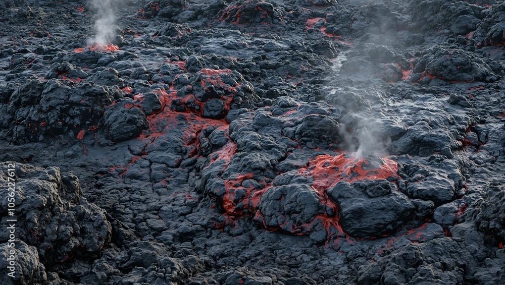 Mysterious alien landscape with steaming geysers on volcanic terrain Mysterious alien landscape with steaming geysers on volcanic terrain
