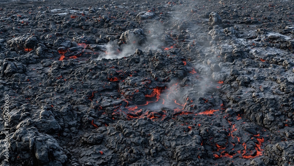 Mysterious alien landscape with steaming geysers on volcanic terrain Mysterious alien landscape with steaming geysers on volcanic terrain